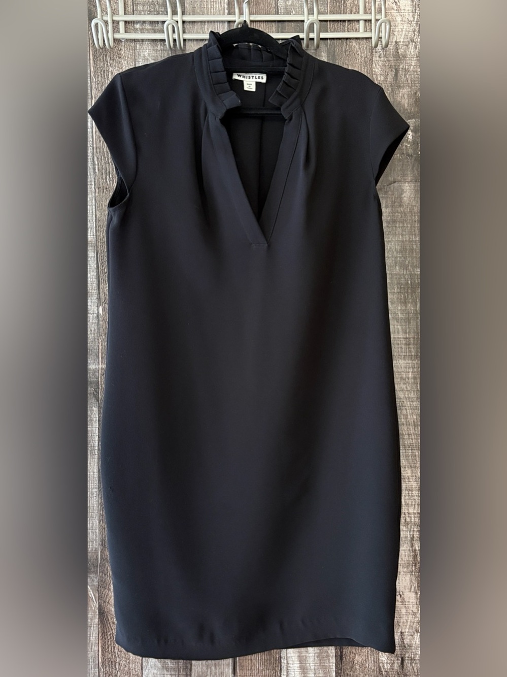 Whistles Black Cap Sleeve Shift Dress with Pleated Neck-S